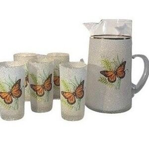 VTG MCM Butterfly Pitcher 5 Glass Set Textured Frosted Gold Rim Drinkware